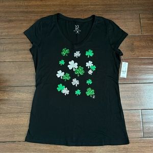 NWT St. Patrick’s Day black with green/silver sequin shamrocks shirt-size medium
